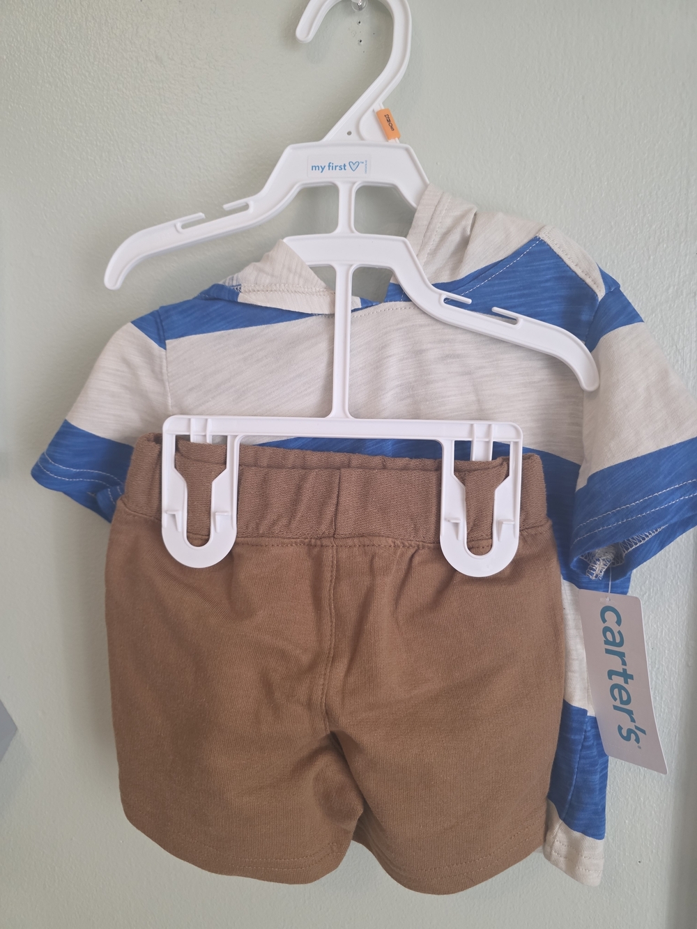 Carter's Baby Hoodie & Shorts Set - Blue Stripe Top with Brown Shorts